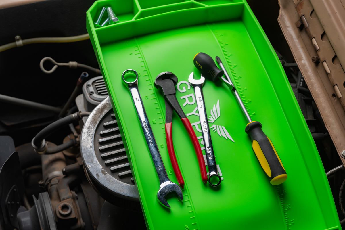 Grypmat tray on engine bay holding tools securely