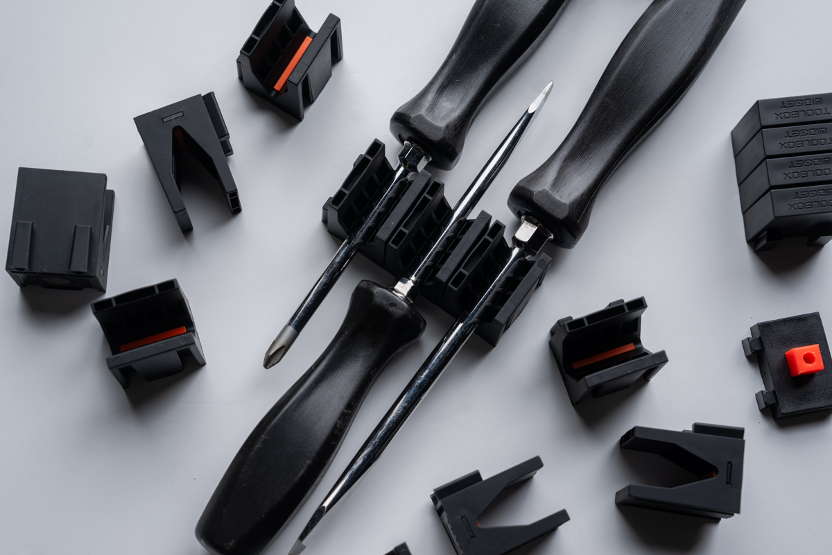 Flat lay of modular organizer products and tools